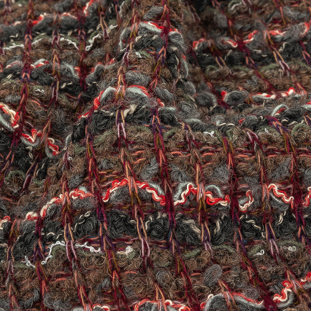 Dark Gull Gray, Golden Olive and Coral Stripes Boucled Wool Sweater Knit