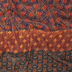 Famous NYC Designer Red, Orange, and Navy Floral Stripes Polyester Georgette Famous NYC Designer Red, Orange, and Navy Floral Stripes Polyester Georgette