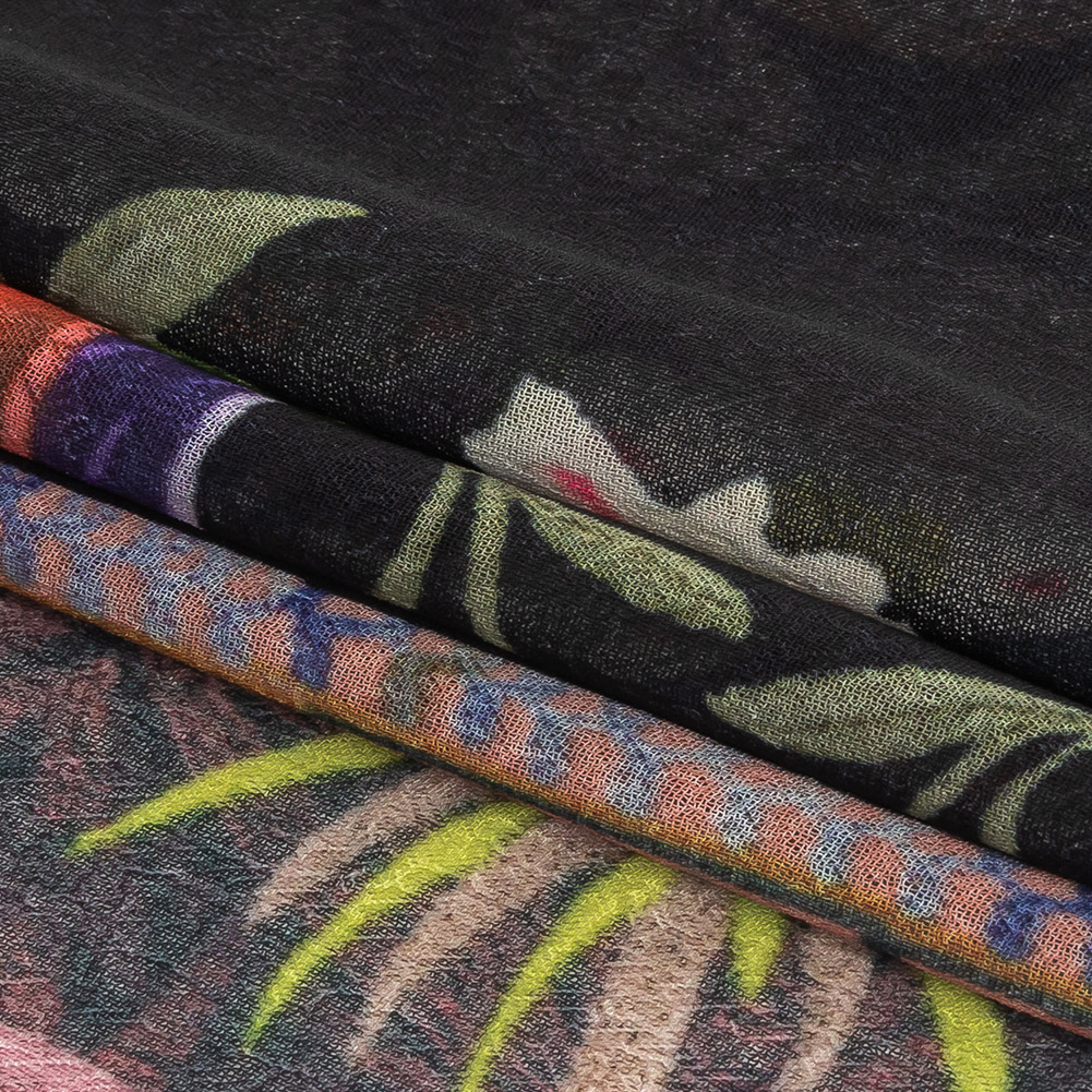 Famous NYC Designer Black, Pink, and Green Lovebirds and Florals Polyester Georgette Panel Famous NYC Designer Black, Pink, and Green Lovebirds and Florals Polyester Georgette Panel