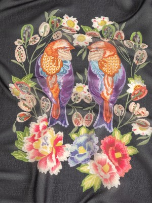 Famous NYC Designer Black, Pink, and Green Lovebirds and Florals Polyester Georgette Panel Famous NYC Designer Black, Pink, and Green Lovebirds and Florals Polyester Georgette Panel