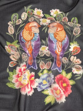 Famous NYC Designer Black, Pink, and Green Lovebirds and Florals Polyester Georgette Panel Famous NYC Designer Black, Pink, and Green Lovebirds and Florals Polyester Georgette Panel