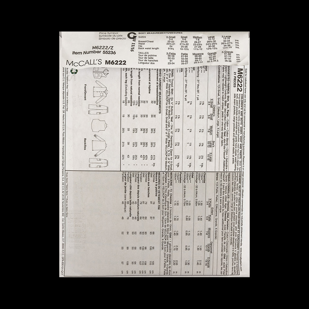 McCall's Boy's Shirt, Vest and Pants Pattern M6222 Size Z (MED-LRG-XLG)