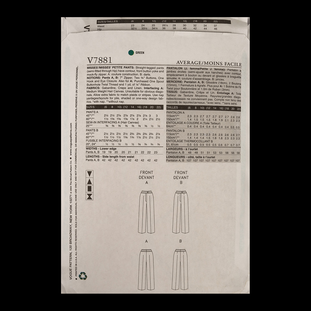 Vogue Misses’ Pants Pattern V7881 Sizes 18,20,22 Vogue Misses’ Pants Pattern V7881 Sizes 18,20,22