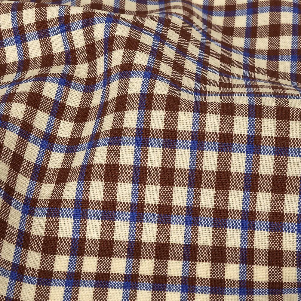 Italian Bone White, Brown and Blue Quartz Plaid Stretch Virgin Wool Suiting