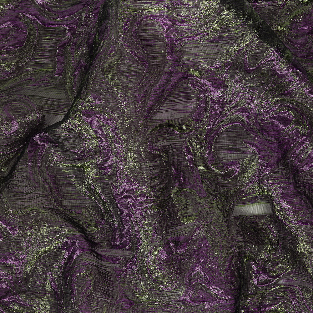 Mood Exclusive Metallic Plum Violet and Green Swirls Sheer Organza Luxury Brocade Mood Exclusive Metallic Plum Violet and Green Swirls Sheer Organza Luxury Brocade