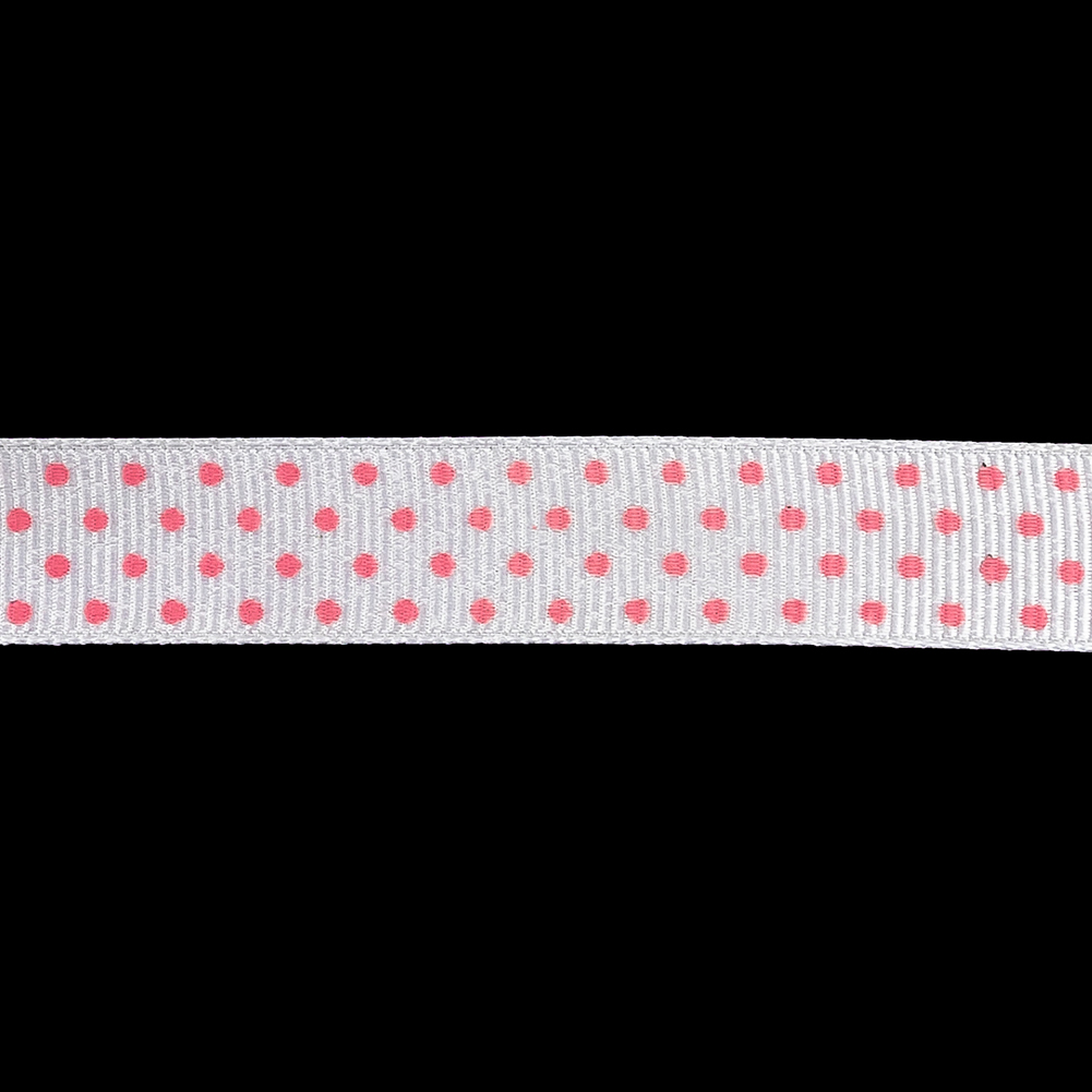 Bright White and Pink Carnation Polka Dots Grosgrain Ribbon - 0.625"