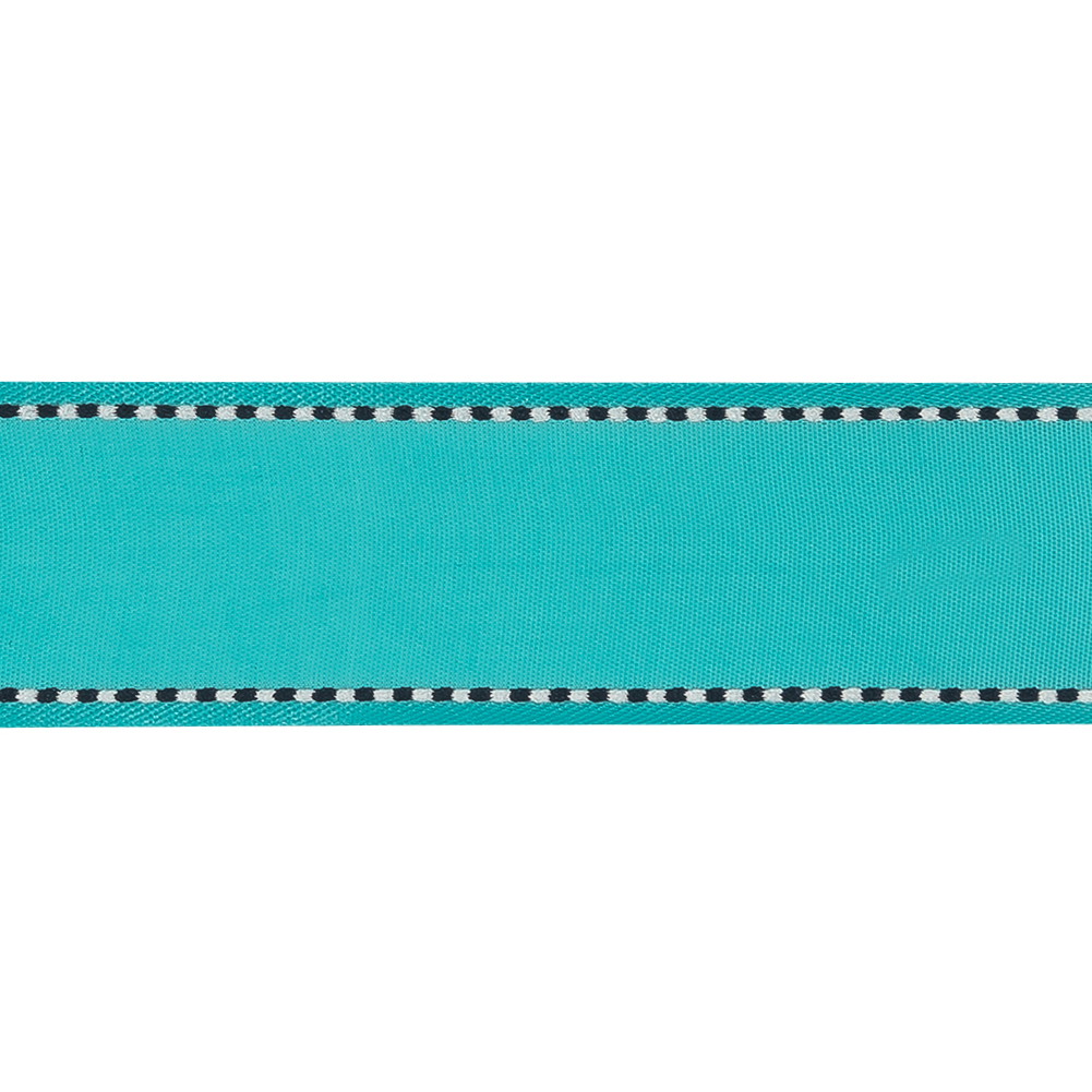 Turquoise Woven Ribbon with Navy Blazer and White Stitched Border - 1"