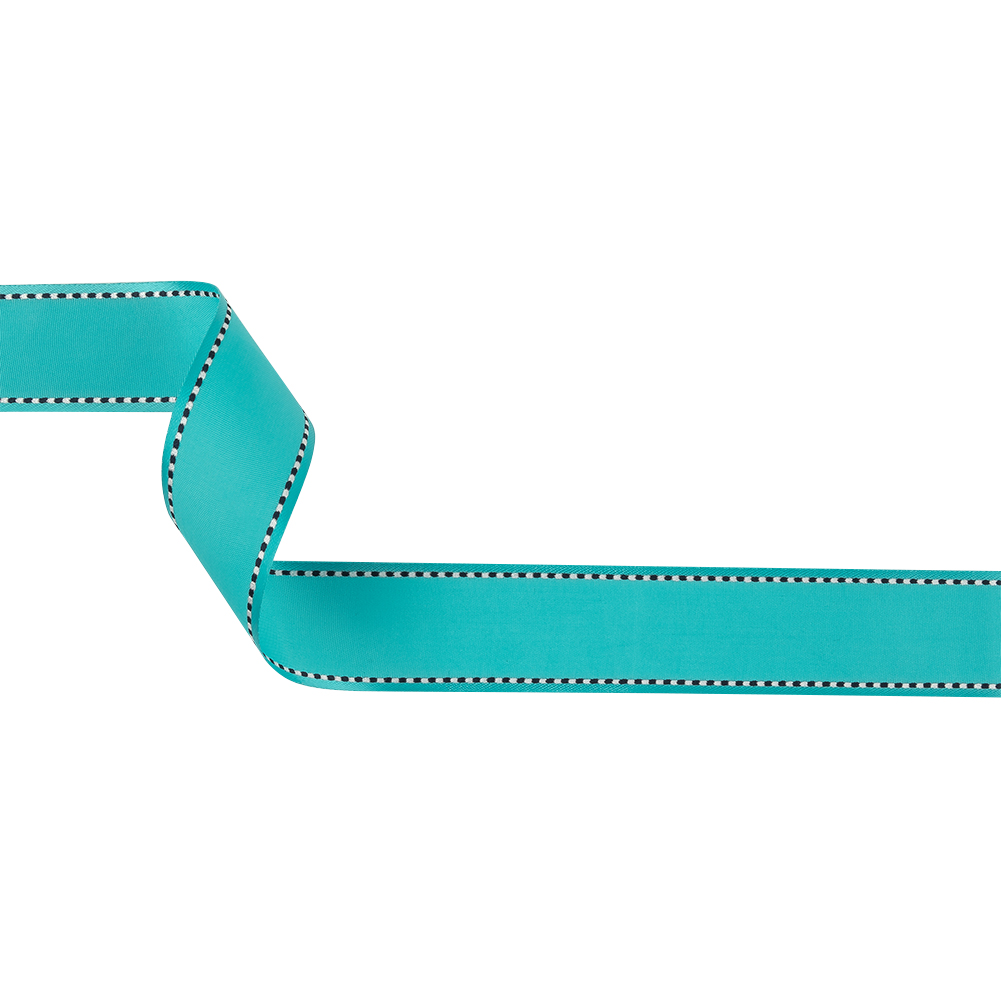 Turquoise Woven Ribbon with Navy Blazer and White Stitched Border – 1″ Turquoise Woven Ribbon with Navy Blazer and White Stitched Border – 1″