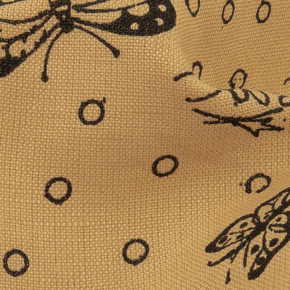 Cream and Black Butterfly Printed Linen Woven