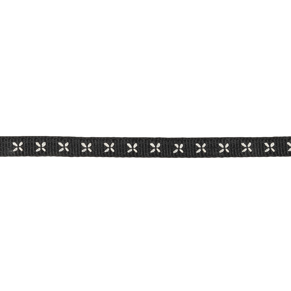 Black Onyx Grosgrain Ribbon with Blanc de Blanc Stitched Flowers - 0.25"