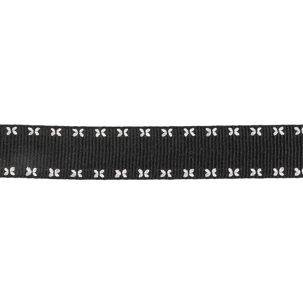 Black Onyx Grosgrain Ribbon with Blanc de Blanc Stitched Floral Borders - 0.625"