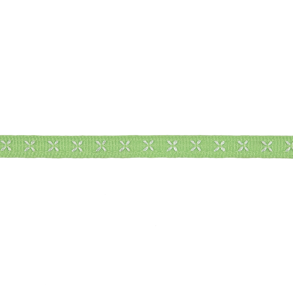 Spring Green Grosgrain Ribbon with Blanc de Blanc Stitched Flowers - 0.25"