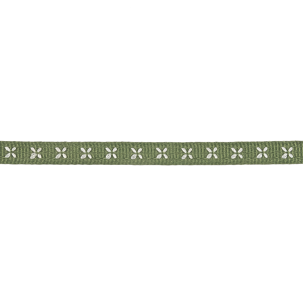 Epsom Green Grosgrain Ribbon with Blanc de Blanc Stitched Flowers - 0.25"