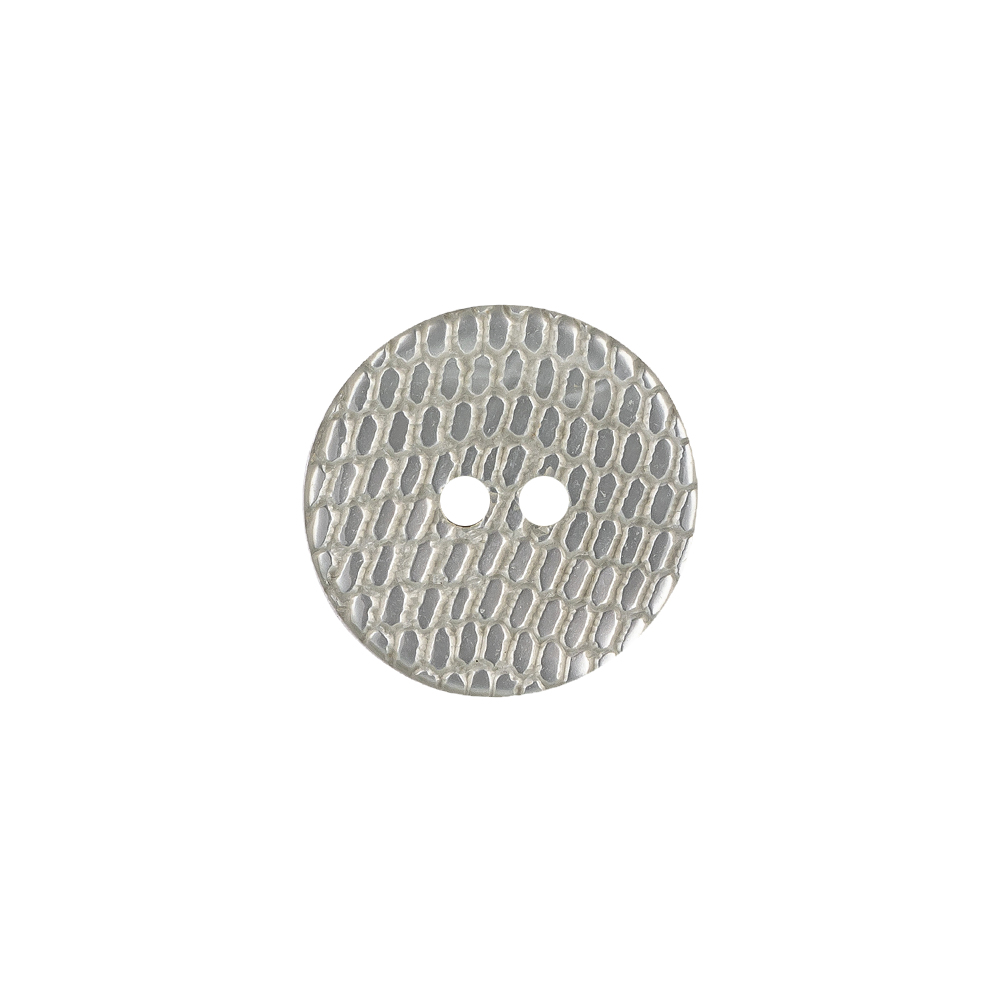 Italian Silver and Gray Iridescent Scales 2-Hole Plastic Button – 24L/15mm Italian Silver and Gray Iridescent Scales 2-Hole Plastic Button – 24L/15mm
