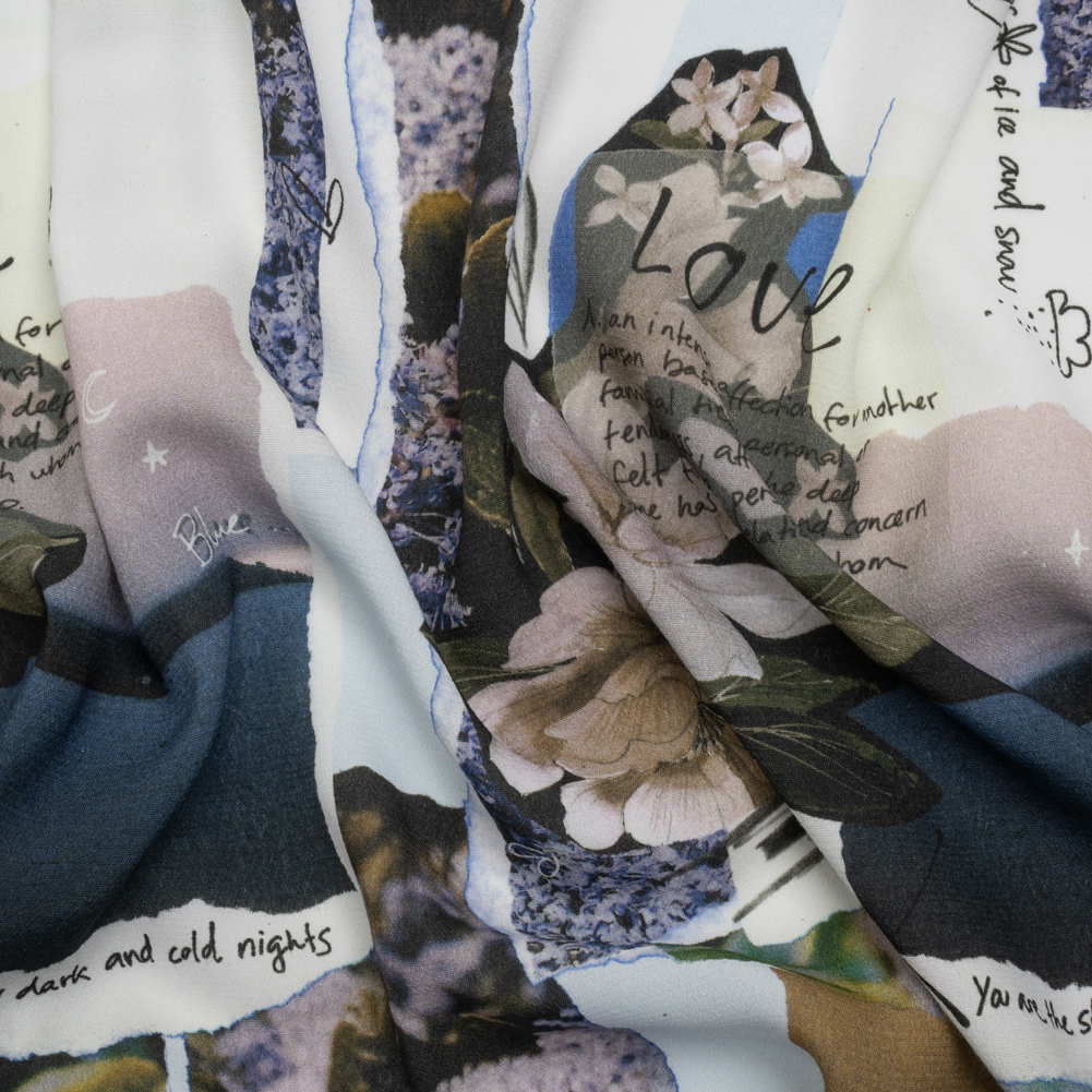 Sustainable Viscose Crepe Print – Beige and Dusty Blue Scrapbook Patchwork – Mood Exclusive Poetics of Love Sustainable Viscose Crepe Print – Beige and Dusty Blue Scrapbook Patchwork – Mood Exclusive Poetics of Love