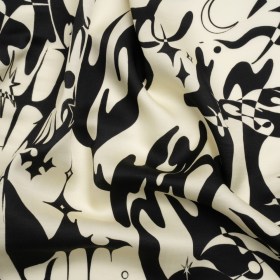 Sustainable and Recycled Viscose Satin Print – Cream and Black Abstract and Stars – Mood Exclusive Cosmic Chaos Sustainable and Recycled Viscose Satin Print – Cream and Black Abstract and Stars – Mood Exclusive Cosmic Chaos