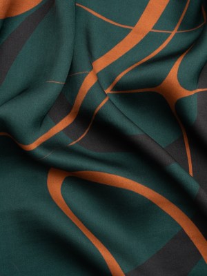 Sustainable and Recycled Viscose Satin Print – Forest Green and Orange Swirling Abstract – Mood Exclusive Atmospheric Adventure Sustainable and Recycled Viscose Satin Print – Forest Green and Orange Swirling Abstract – Mood Exclusive Atmospheric Adventure