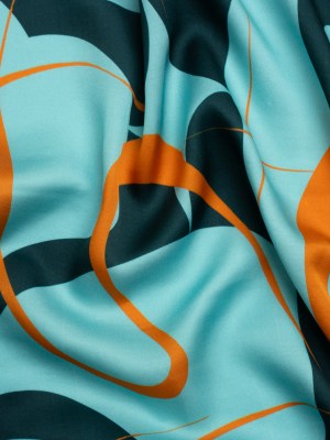 Sustainable and Recycled Viscose Satin Print – Turquoise and Orange Swirling Abstract – Mood Exclusive Atmospheric Adventure Sustainable and Recycled Viscose Satin Print – Turquoise and Orange Swirling Abstract – Mood Exclusive Atmospheric Adventure