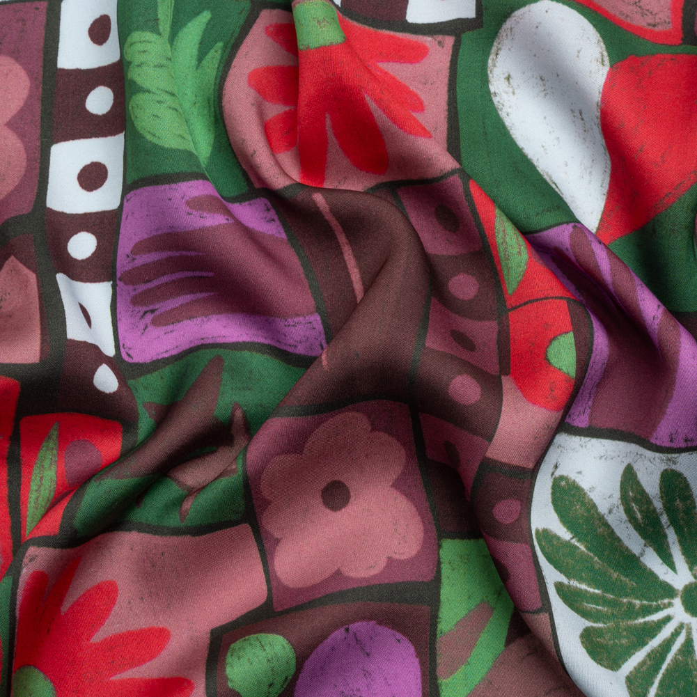 Sustainable and Recycled Viscose Satin Print – Purple, Green and Red Simple Symbols Patchwork – Mood Exclusive Come Together Sustainable and Recycled Viscose Satin Print – Purple, Green and Red Simple Symbols Patchwork – Mood Exclusive Come Together