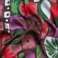 Sustainable and Recycled Viscose Satin Print – Purple, Green and Red Simple Symbols Patchwork – Mood Exclusive Come Together Sustainable and Recycled Viscose Satin Print – Purple, Green and Red Simple Symbols Patchwork – Mood Exclusive Come Together