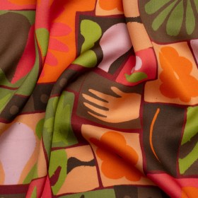 Sustainable and Recycled Viscose Satin Print – Orange, Green and Coral Simple Symbols Patchwork – Mood Exclusive Come Together Sustainable and Recycled Viscose Satin Print – Orange, Green and Coral Simple Symbols Patchwork – Mood Exclusive Come Together