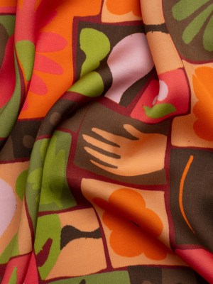 Sustainable and Recycled Viscose Satin Print – Orange, Green and Coral Simple Symbols Patchwork – Mood Exclusive Come Together Sustainable and Recycled Viscose Satin Print – Orange, Green and Coral Simple Symbols Patchwork – Mood Exclusive Come Together