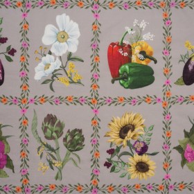 Cotton Voile Print – Beige, Yellow and Purple Floral and Vegetable Grid – Mood Exclusive Sunday with Nonna Cotton Voile Print – Beige, Yellow and Purple Floral and Vegetable Grid – Mood Exclusive Sunday with Nonna