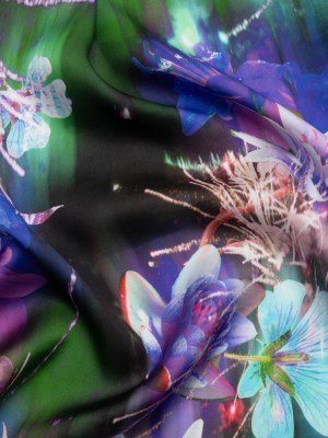 Sustainable and Recycled Viscose Satin Print – Blue, Purple and Green Glowing Flowers – Mood Exclusive Ignite the Light Sustainable and Recycled Viscose Satin Print – Blue, Purple and Green Glowing Flowers – Mood Exclusive Ignite the Light