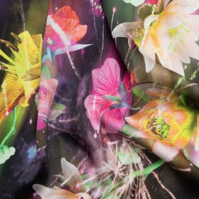 Sustainable and Recycled Viscose Satin Print – Pink, Orange and Yellow Glowing Flowers – Mood Exclusive Ignite the Light Sustainable and Recycled Viscose Satin Print – Pink, Orange and Yellow Glowing Flowers – Mood Exclusive Ignite the Light