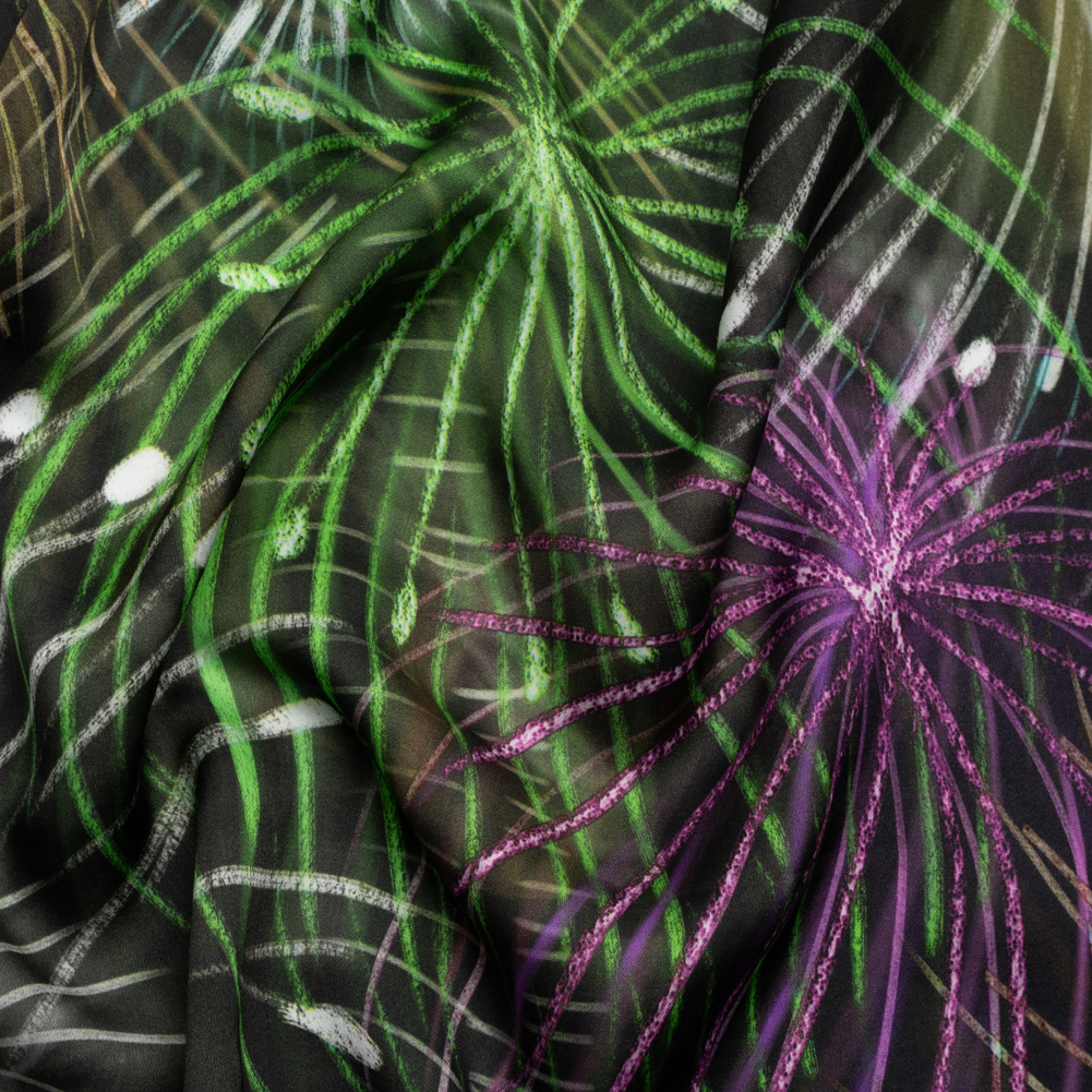 Sustainable and Recycled Viscose Satin Print – Green, Purple and Yellow Fireworks – Mood Exclusive Twilight’s Last Gleaming Sustainable and Recycled Viscose Satin Print – Green, Purple and Yellow Fireworks – Mood Exclusive Twilight’s Last Gleaming