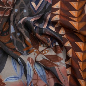 Sustainable Viscose Crepe Print – Navy and Dark Red Floral and Geometric Stripe Patchwork – Mood Exclusive Autumn Equinox Sustainable Viscose Crepe Print – Navy and Dark Red Floral and Geometric Stripe Patchwork – Mood Exclusive Autumn Equinox