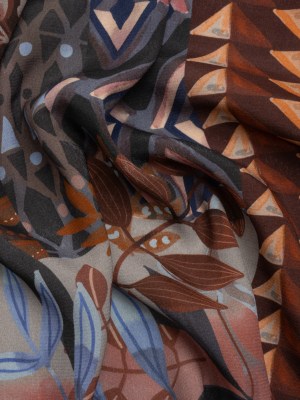 Sustainable Viscose Crepe Print – Navy and Dark Red Floral and Geometric Stripe Patchwork – Mood Exclusive Autumn Equinox Sustainable Viscose Crepe Print – Navy and Dark Red Floral and Geometric Stripe Patchwork – Mood Exclusive Autumn Equinox