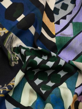 Sustainable Viscose Crepe Print – Blue, Green and Periwinkle Leafy and Geometric Patchwork – Mood Exclusive Curtain Call Sustainable Viscose Crepe Print – Blue, Green and Periwinkle Leafy and Geometric Patchwork – Mood Exclusive Curtain Call