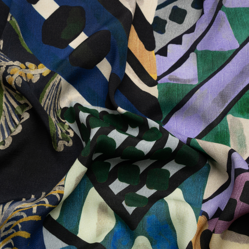 Sustainable Viscose Crepe Print – Blue, Green and Periwinkle Leafy and Geometric Patchwork – Mood Exclusive Curtain Call Sustainable Viscose Crepe Print – Blue, Green and Periwinkle Leafy and Geometric Patchwork – Mood Exclusive Curtain Call