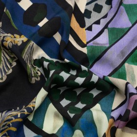 Sustainable Viscose Crepe Print – Blue, Green and Periwinkle Leafy and Geometric Patchwork – Mood Exclusive Curtain Call Sustainable Viscose Crepe Print – Blue, Green and Periwinkle Leafy and Geometric Patchwork – Mood Exclusive Curtain Call