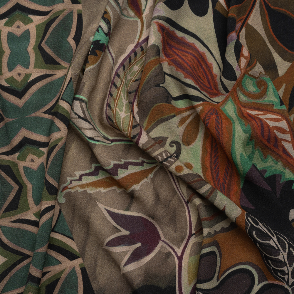 Sustainable Viscose Crepe Print – Brown and Green Leafy and Geometric Patchwork – Mood Exclusive Overgrown Life Sustainable Viscose Crepe Print – Brown and Green Leafy and Geometric Patchwork – Mood Exclusive Overgrown Life