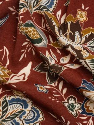 Gauzy Viscose Crepe Print – Burgundy, Blue and Yellow Stylized Floral – Mood Exclusive Manner of Flowers Gauzy Viscose Crepe Print – Burgundy, Blue and Yellow Stylized Floral – Mood Exclusive Manner of Flowers