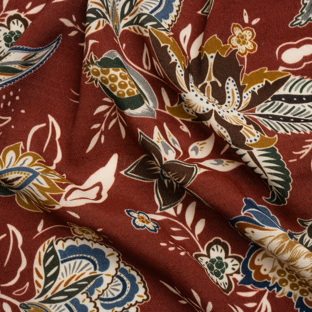 Gauzy Viscose Crepe Print – Burgundy, Blue and Yellow Stylized Floral – Mood Exclusive Manner of Flowers Gauzy Viscose Crepe Print – Burgundy, Blue and Yellow Stylized Floral – Mood Exclusive Manner of Flowers