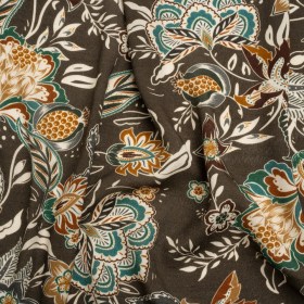 Gauzy Viscose Crepe Print – Dark Olive, Teal and Orange Stylized Floral – Mood Exclusive Manner of Flowers Gauzy Viscose Crepe Print – Dark Olive, Teal and Orange Stylized Floral – Mood Exclusive Manner of Flowers