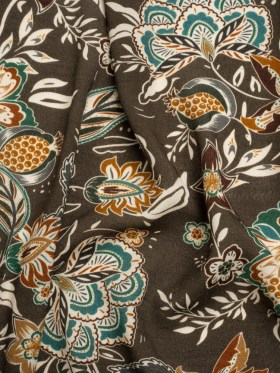 Gauzy Viscose Crepe Print – Dark Olive, Teal and Orange Stylized Floral – Mood Exclusive Manner of Flowers Gauzy Viscose Crepe Print – Dark Olive, Teal and Orange Stylized Floral – Mood Exclusive Manner of Flowers