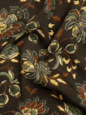 Gauzy Viscose Crepe Print – Dark Brown, Green and Red Jacobean Floral – Mood Exclusive Falling for Foliage Gauzy Viscose Crepe Print – Dark Brown, Green and Red Jacobean Floral – Mood Exclusive Falling for Foliage