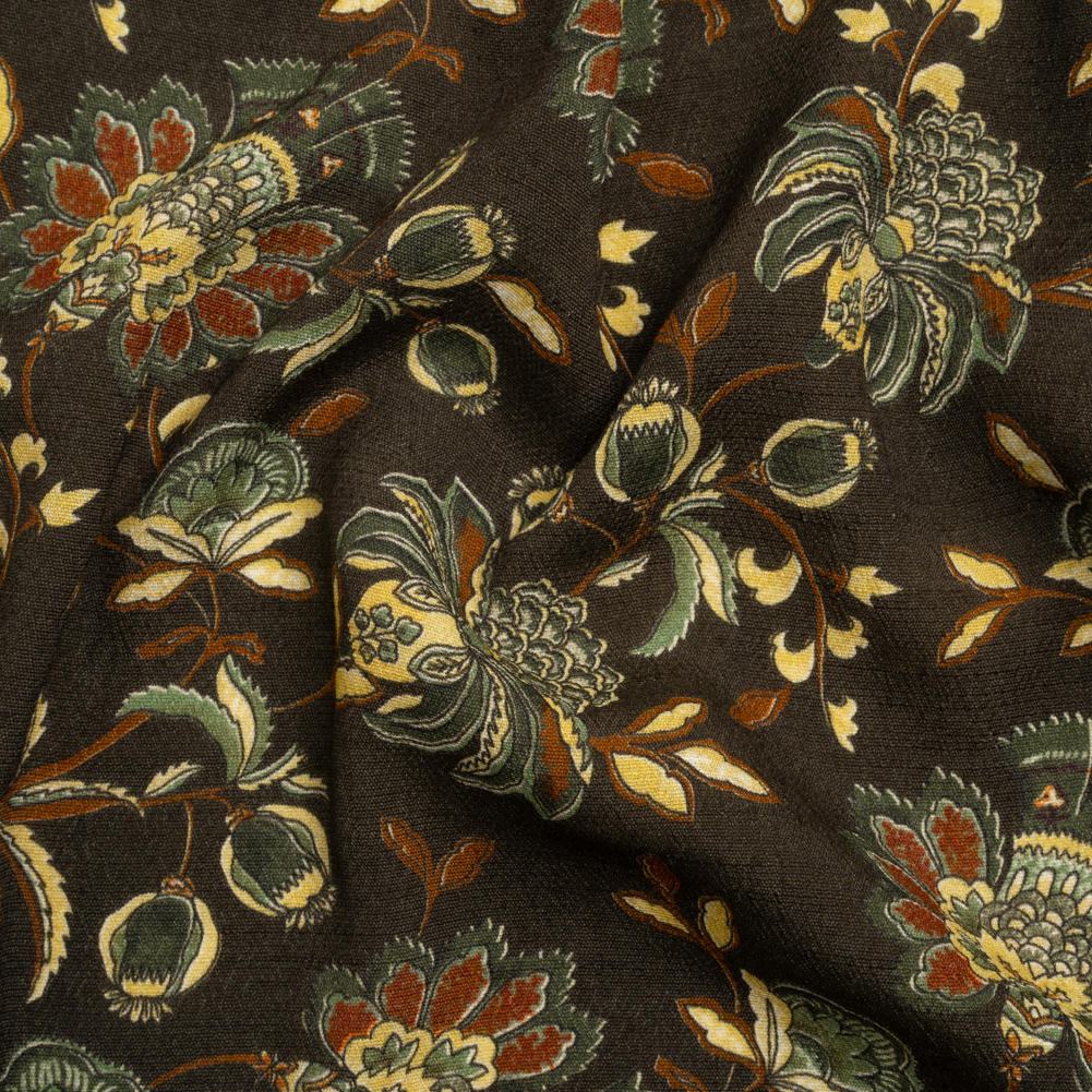 Gauzy Viscose Crepe Print – Dark Brown, Green and Red Jacobean Floral – Mood Exclusive Falling for Foliage Gauzy Viscose Crepe Print – Dark Brown, Green and Red Jacobean Floral – Mood Exclusive Falling for Foliage