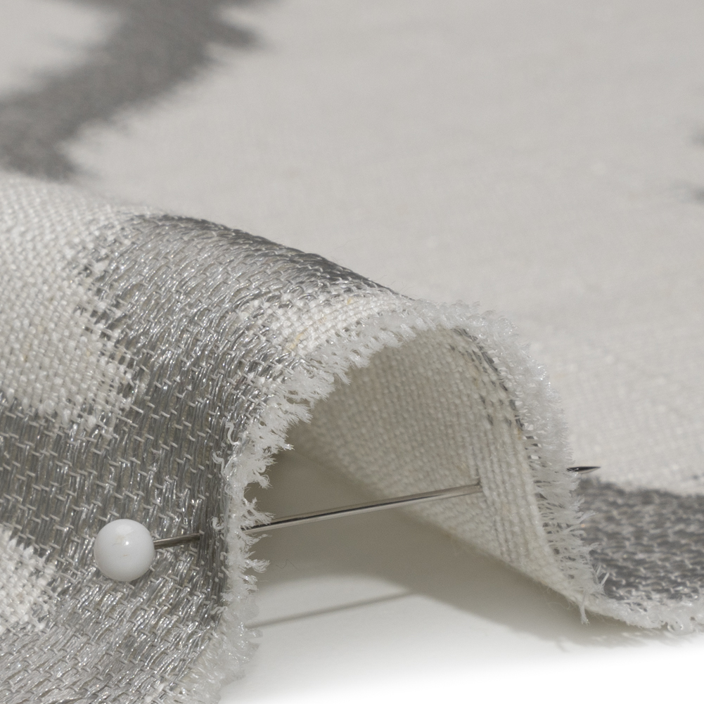 White and Silver Geometric Ikat Viscose, Polyester and Linen Drapery Jacquard White and Silver Geometric Ikat Viscose, Polyester and Linen Drapery Jacquard