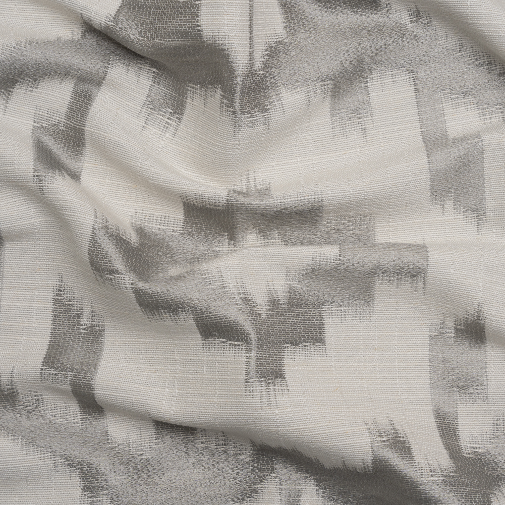 White and Silver Geometric Ikat Viscose, Polyester and Linen Drapery Jacquard White and Silver Geometric Ikat Viscose, Polyester and Linen Drapery Jacquard