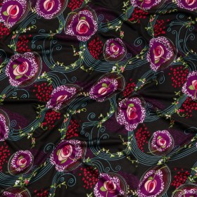 Black, Purple and Turquoise Roses and Flowing Vines Silk Jersey Black, Purple and Turquoise Roses and Flowing Vines Silk Jersey