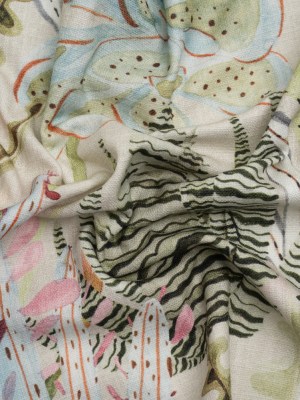 Green, Pastel Pink and Sky Blue Water Plants Slubbed Cotton Woven Green, Pastel Pink and Sky Blue Water Plants Slubbed Cotton Woven