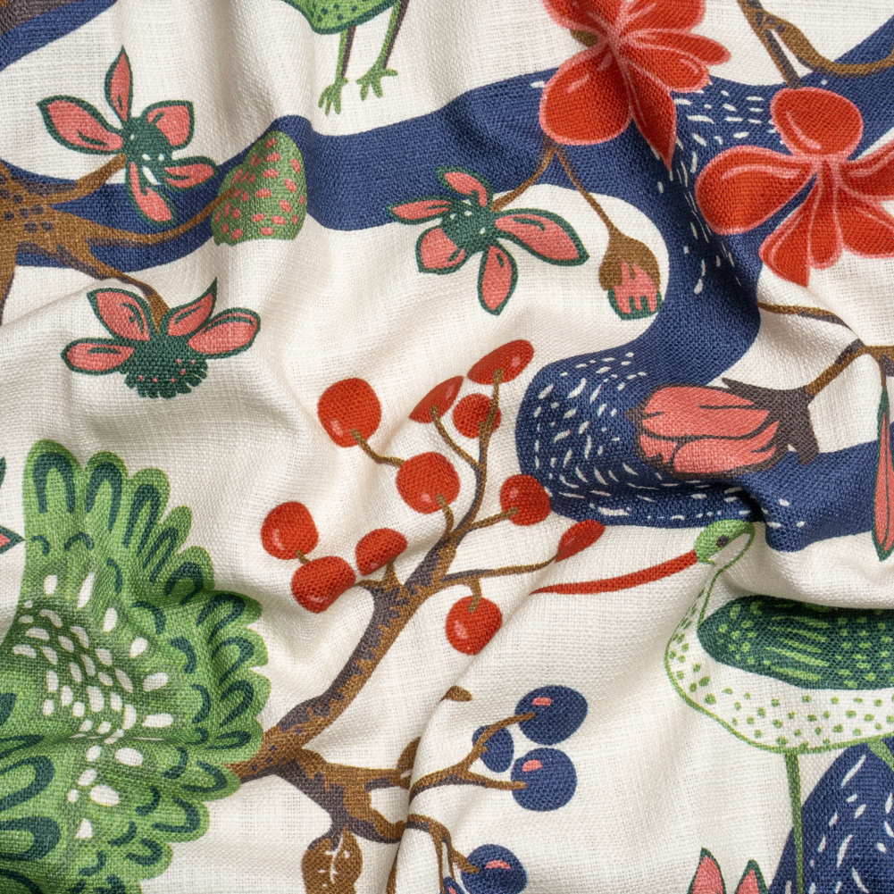 Pink, Blue and Green Birds, Blooms and Berries Slubbed Cotton Woven Pink, Blue and Green Birds, Blooms and Berries Slubbed Cotton Woven