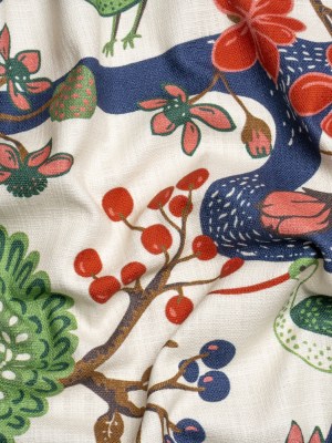 Pink, Blue and Green Birds, Blooms and Berries Slubbed Cotton Woven Pink, Blue and Green Birds, Blooms and Berries Slubbed Cotton Woven