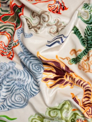 Orange, Red and Green Tigers and Dragons Polyester Velvet Orange, Red and Green Tigers and Dragons Polyester Velvet