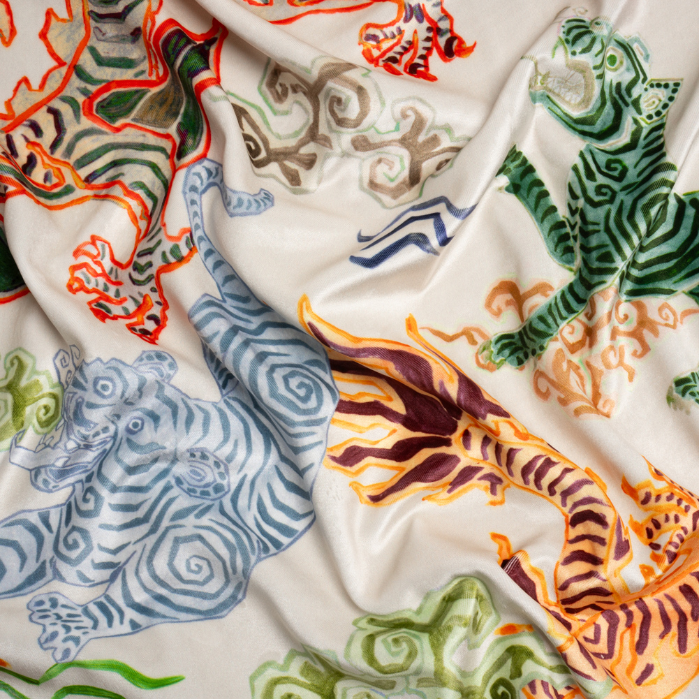 Orange, Red and Green Tigers and Dragons Polyester Velvet Orange, Red and Green Tigers and Dragons Polyester Velvet